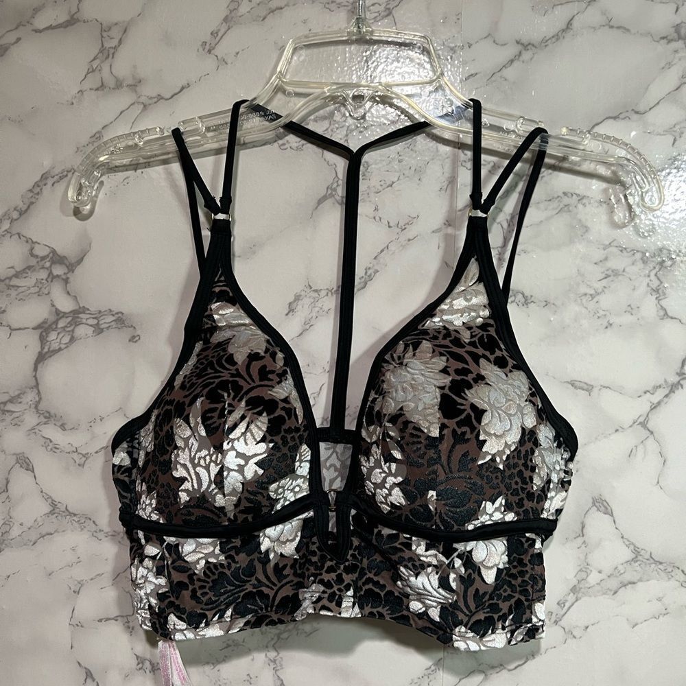 PINK Victoria’s Secret Lightly Lined Bralette Grey Black Floral Velvet Size S